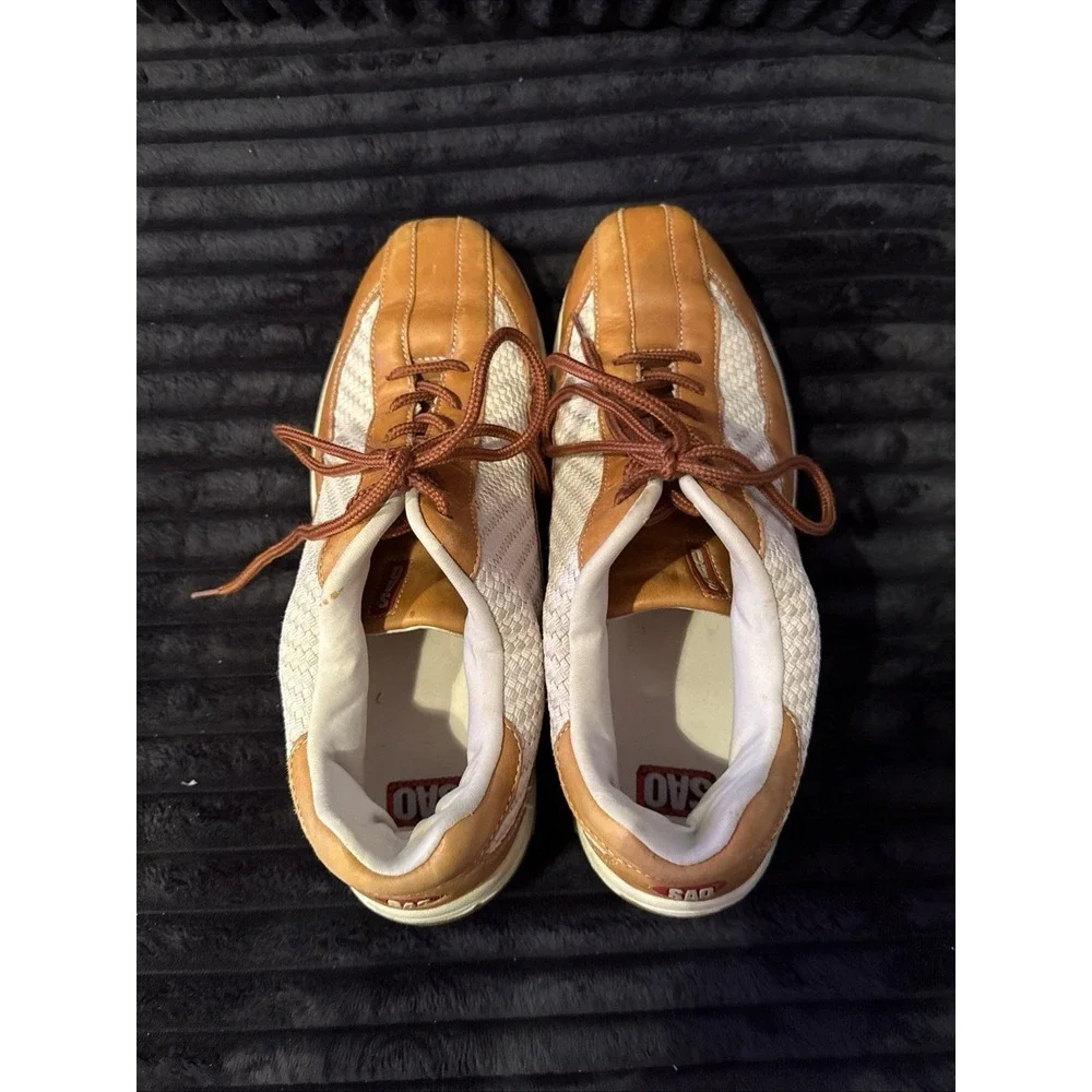 SAO Mens Size 12M Comfort Shoes Brown Beige Leather Sneakers Herringbone Pattern